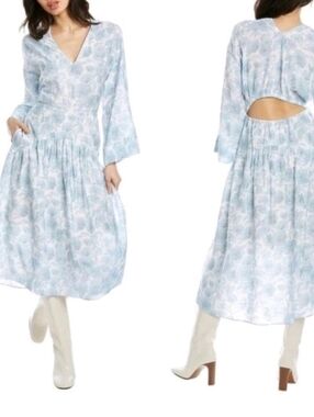 NWT Vince Blue White Floral Midi Dress Size XS Bohemian Feminine Preppy Summer